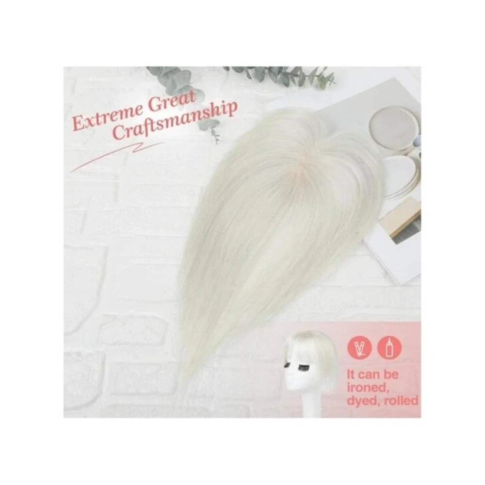 White Human Hair Topper with Bangs & Silk Base, Lace Clip - 10